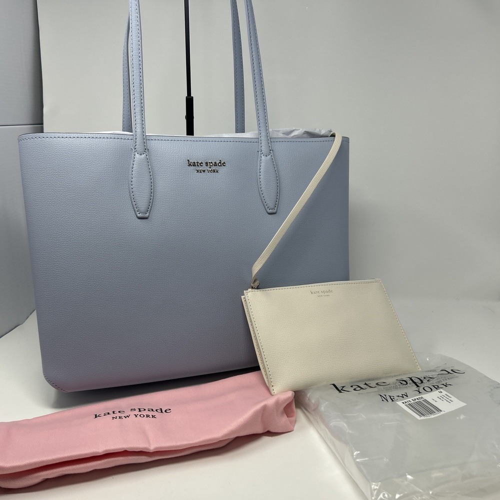 Kate Spade All Day Large Tote Pale Hydra PXR00297 NWT Crossgrain Leather Blue